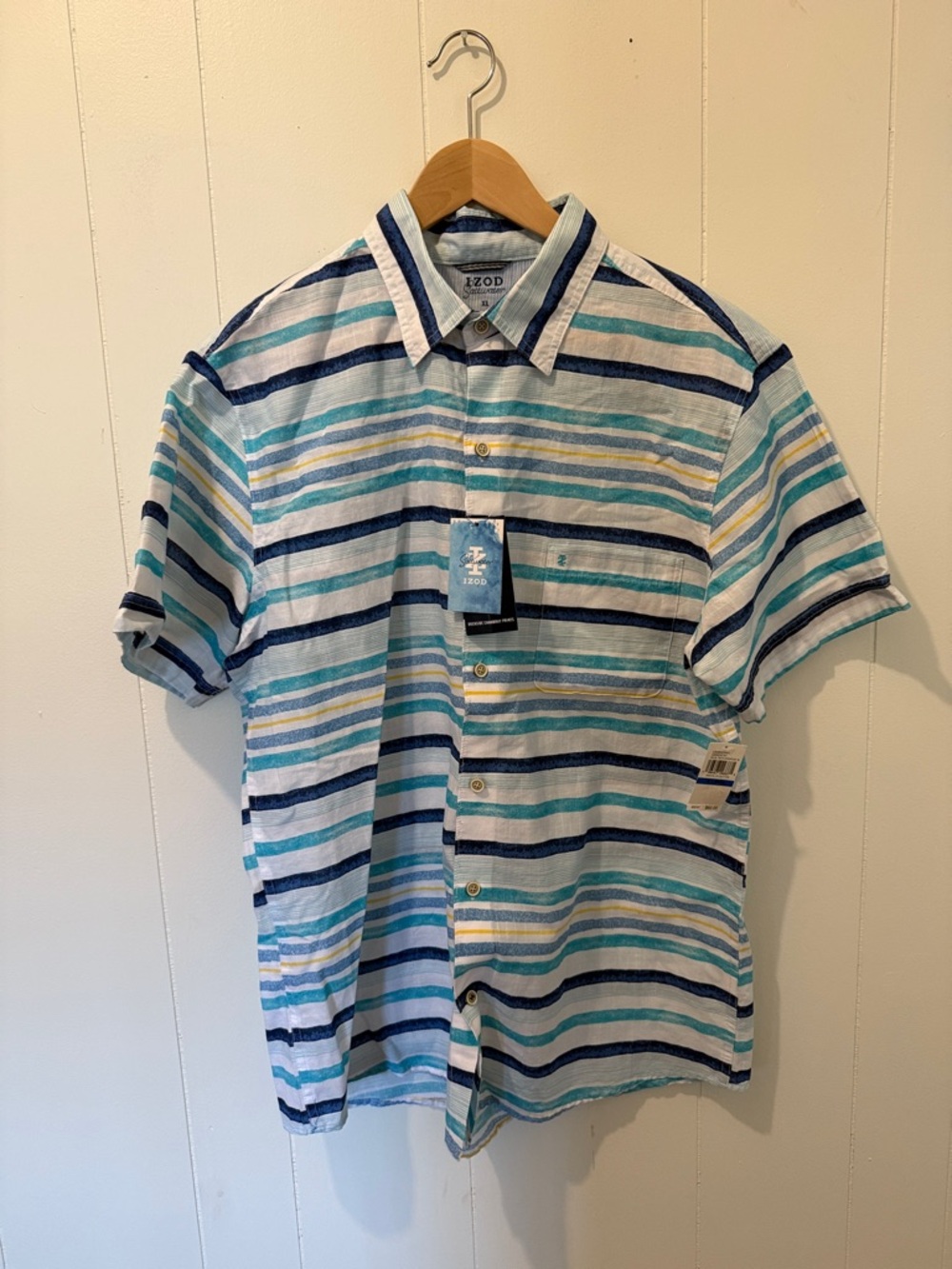 Izod Men’s Short Sleeve Striped Button-Down Shirt - Navy, Teal, White, Yellow